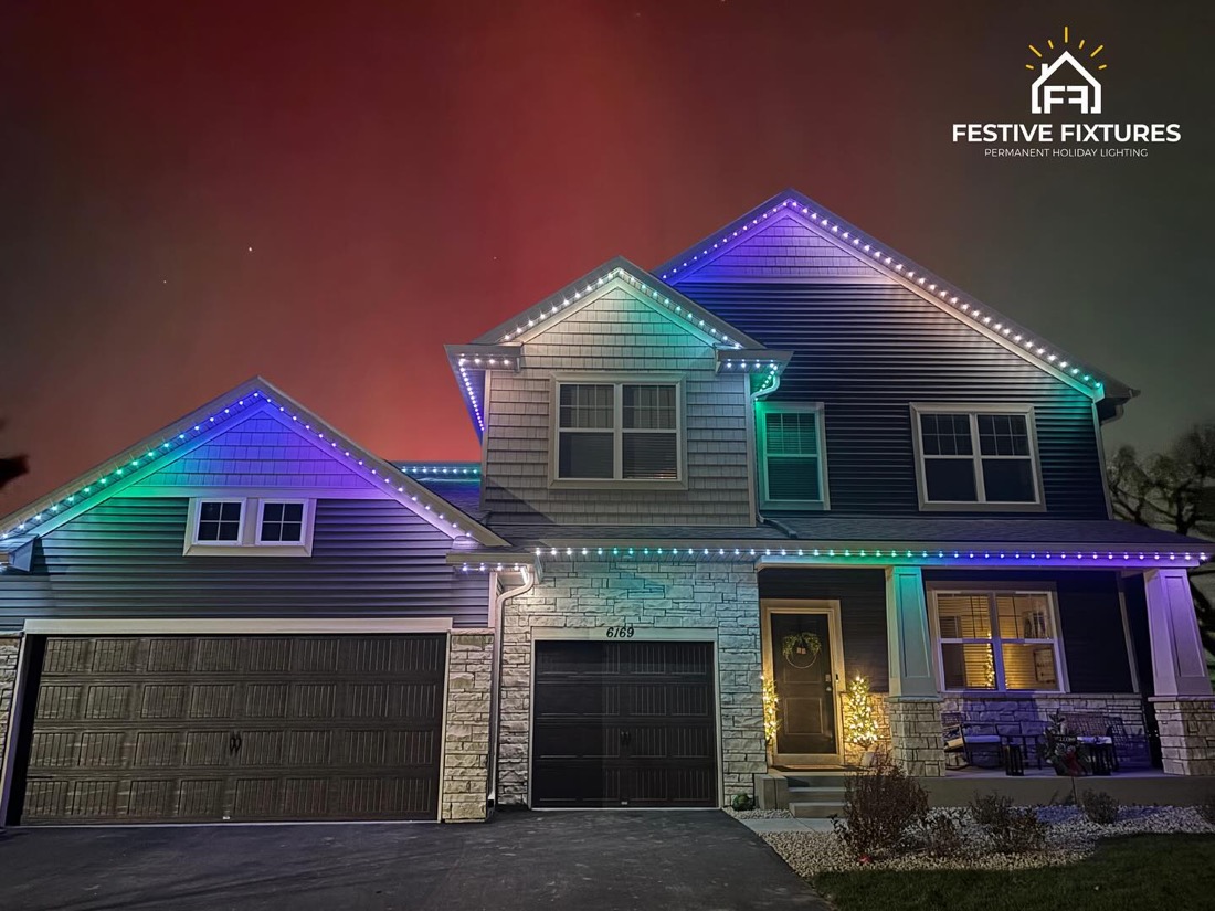 Home roofline with permanent architectural lighting