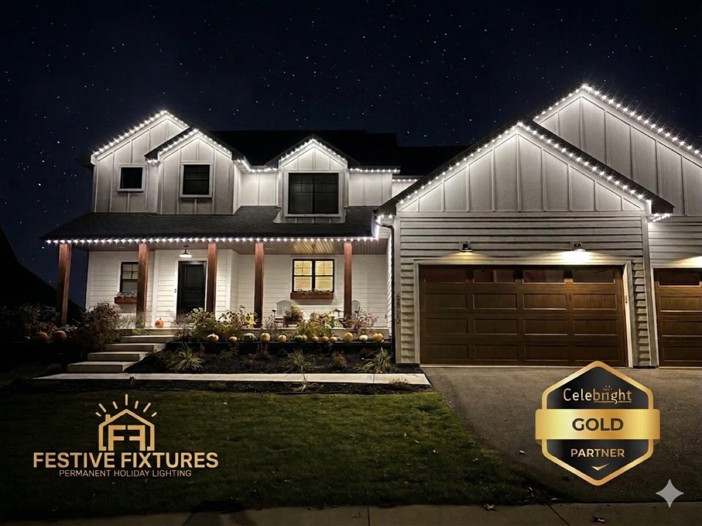 Roofline at night with permanent lighting fully illuminated